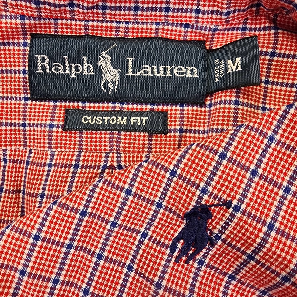 Ralph Lauren Mens M Red Blue Custom Fit Plaid Check Long Sleeve Button Shirt